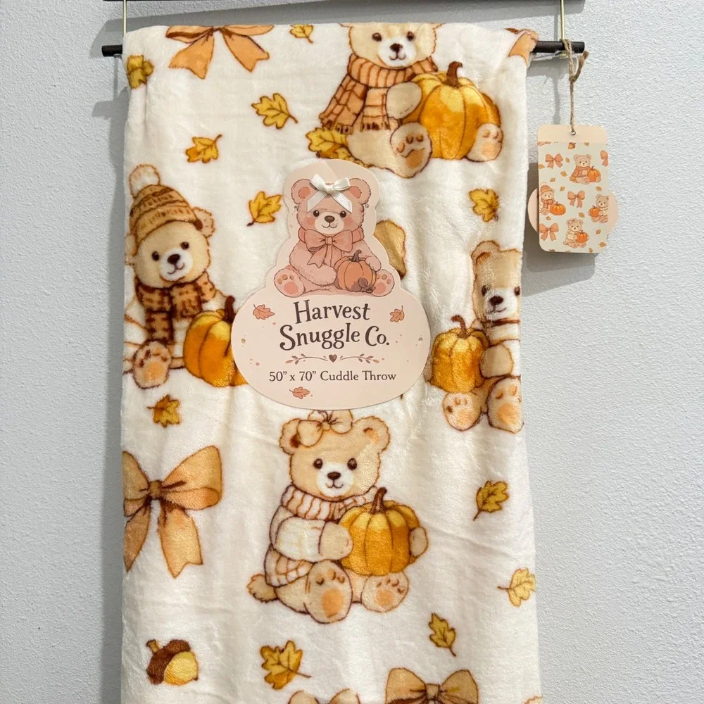 NEW Harvest Snuggle Co. Cuddle Throw Teddy Bear Pumpkin Fall Plush Blanket
